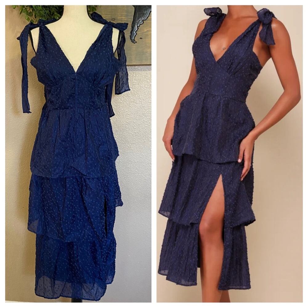 NWOT Lulus Blissful Direction Navy Tie-Strap Clip Dot Bustier Midi Dress